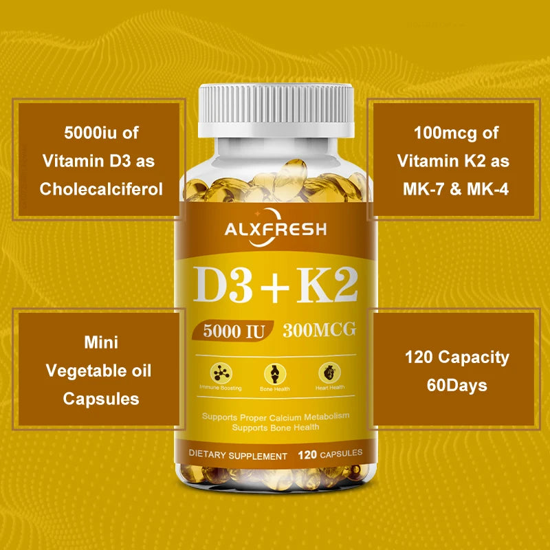 Alxfresh Vitamin D3 & K2 Capsules – Bone, Joint & Immune Support, Collagen & Skin Health