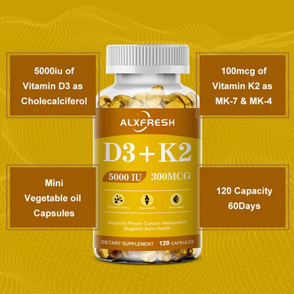 Alxfresh Vitamin D3 & K2 Capsules – Bone, Joint & Immune Support, Collagen & Skin Health