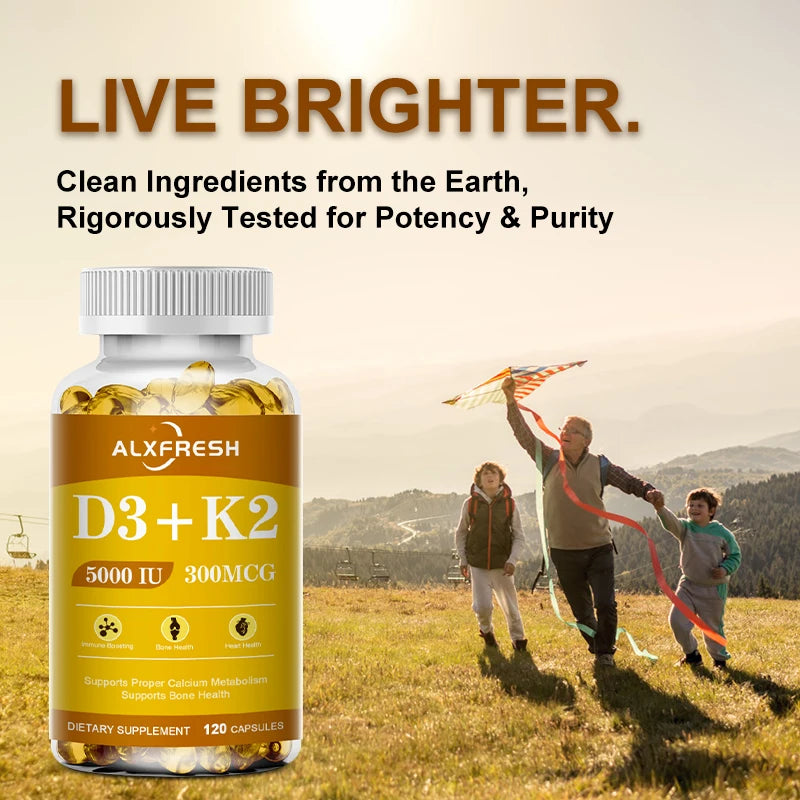 Alxfresh Vitamin D3 & K2 Capsules – Bone, Joint & Immune Support, Collagen & Skin Health