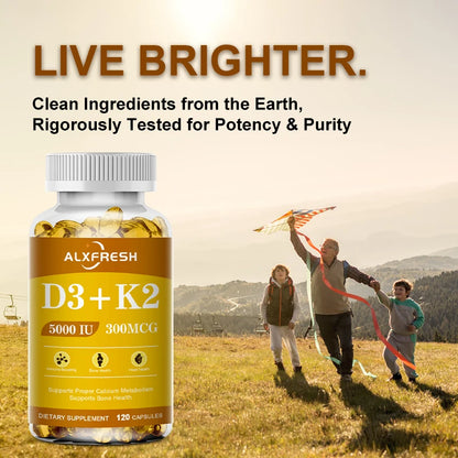 Alxfresh Vitamin D3 & K2 Capsules – Bone, Joint & Immune Support, Collagen & Skin Health